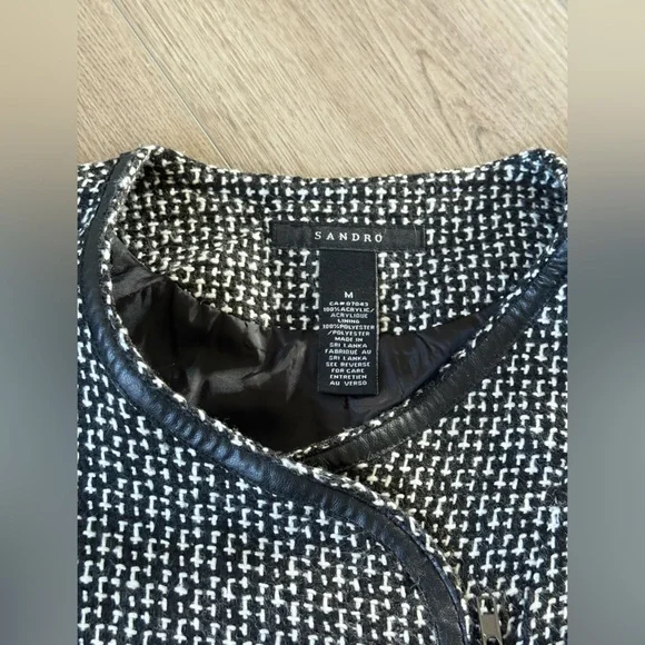 Sandro Monochrome Tweed Jacket Motorcycle Jacket w/ Leather Trim - Picture 3 of 6